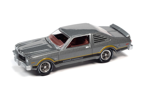 1976 Plymouth Road Runner, Silver Cloud Poly w/Black Side Stripes - Johnny Lightning JLMC028/48B - 1/64 Scale Diecast Model Car