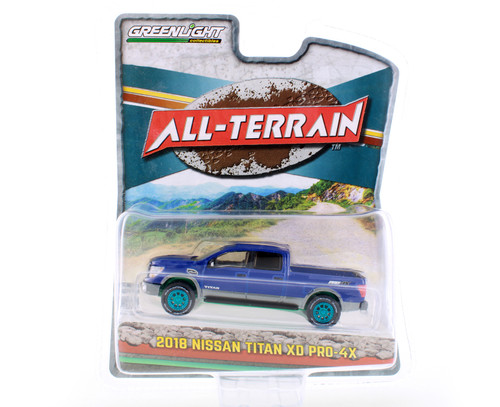 GREEN MACHINE 2018 Nissan Titan XD Pro-4X - Lifted, Blue - Greenlight 35210/48 - 1/64 scale Diecast Model Toy Car