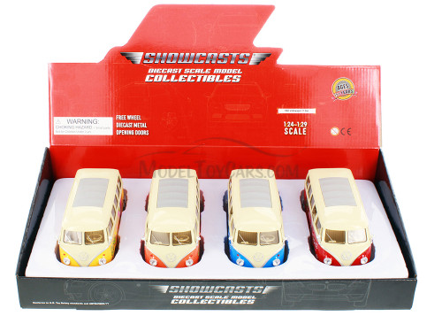 Box of 4 1963 Volkswagen Classical T1 Bus w/Love/Peace Decals, ASSTD - Showcasts 22095A1/4D - 1/24 Scale Diecast Model Toy Cars