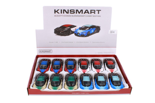 Box of 12 Bugatti Chiron Supersport Livery Edition, ASSTD - Kinsmart 5423DF - 1/38 Scale Diecast Model Toy Cars