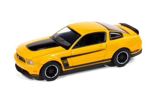 2012 Ford Mustang Boss 302, Yellow Blaze w/Black Accents - Auto World AW64502/12A - 1/64 Scale Diecast Model Toy Car