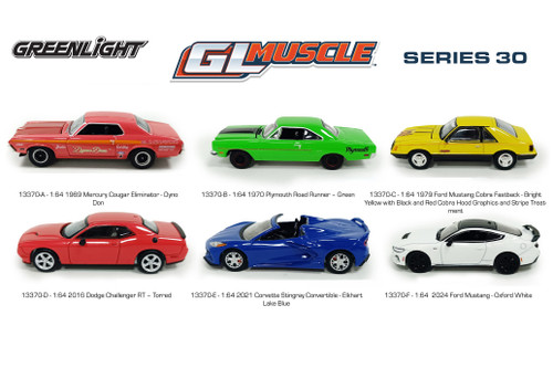 Box of 6 Muscle Series Assortment - Greenlight 13370/6 - 1/64 Scale Diecast Model Toy Cars