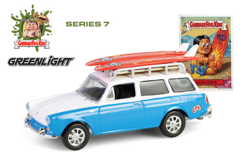 1961 Volkswagen Type 3 Squareback w/Roof Rack & Surfboards "Waxed Zack", Blue/White - Greenlight 54110B/48 - 1/64 Scale Diecast Model Toy Car
