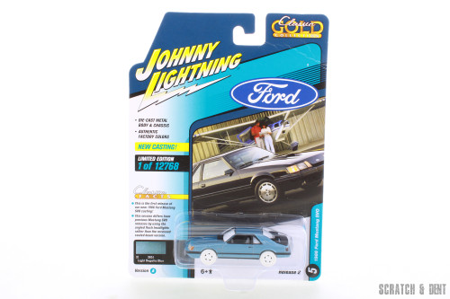 1986 Ford Mustang SVO, Light Regatta Blue Metallic - Johnny Lightning R-23920 - 1/64 Scale Diecast Model Toy Car
