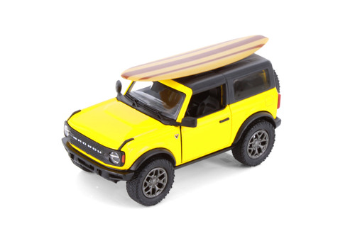 2022 Ford Bronco w/Surfboard, Yellow - Kinsmart 5438DS1 - 1/34 Scale Diecast Model Toy Car