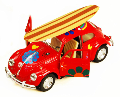 1967 Volkswagen Beetle w/ Surfboard, Red, Kinsmart 5057DS, 1/32 scale Diecast Car (New, but NO BOX)