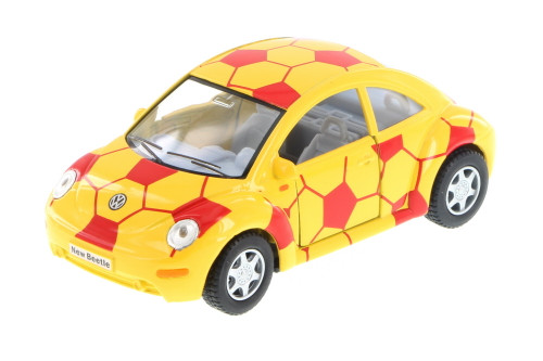 Volkswagen New Beetle, Yellow w/ Red Soccer Detal - Kinsmart 5028DR - 1/32 Scale Diecast Model Toy Car