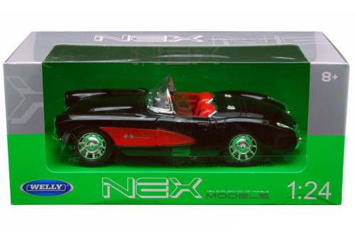 1957 Chevy Corvette Convertible, Black - Welly 29393 - 1/24 scale Diecast Model Toy Car