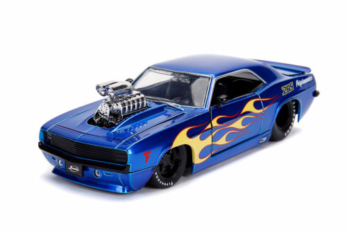 1969 Chevy Camaro with Engine Blower, Blue with Yellow Flames - Jada 30977DP1 - 1/24 scale Diecast Model Toy Car