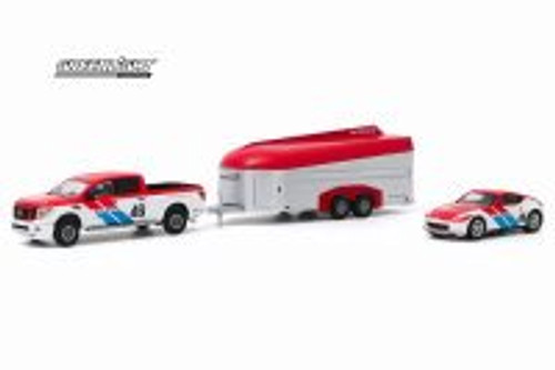 2019 Nissan Titan XD Pro-4X Pickup Truck and 2019 Nissan 370Z #46 with Aerovault MKII Trailer, Brock Racing Enterprises - Greenlight 31090/24 - 1/64 scale Diecast Model Toy Car