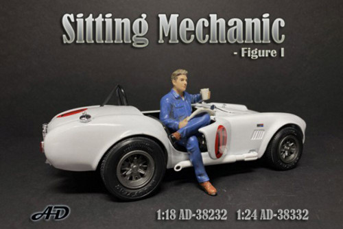 Sitting Mechanic Figure I, Blue - American Diorama 38232 - 1/18 scale Figurine - Diorama Accessory
