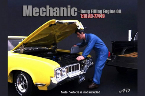 Mechanic Doug Filling Engine Oil, American Diorama 77449 - 1/18 Scale Accessory for Diecast Cars