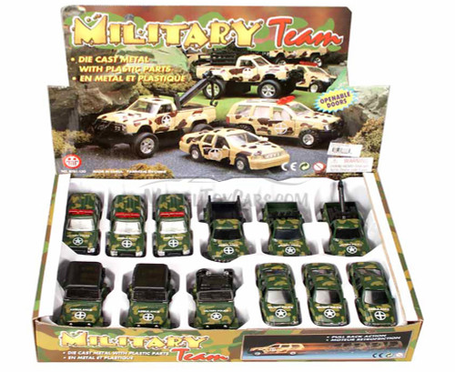 Military Team - Camouflage Diecast Car Package - Box of 12 assorted 5 inch scale Diecast Model Cars