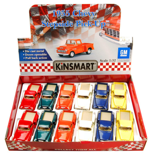 1955 Chevy Stepside Pickup Truck Diecast Car Package - Box of 12 1/32 scale Diecast Model Cars, Assorted Colors