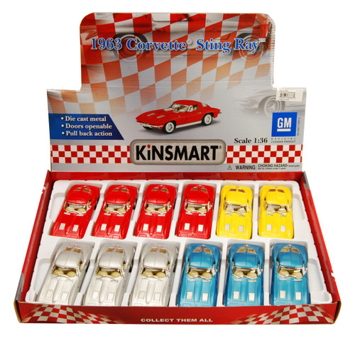 1963 Chevy Corvette Stingray  Car Package-Box of 12 1/36 scale Diecast Model Cars, Assd Colors