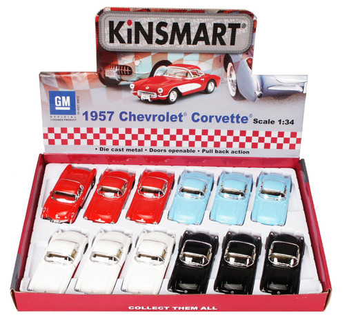 1957 Chevy Corvette Diecast Car Package - Box of 12 1/34 scale Diecast Model Cars, Assorted Colors