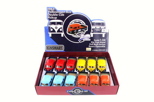 1963 Volkswagen Bus Dbl Cab Pick-UpPackage - Box of 12 1/34 Scale Diecast Model Cars, Assd Colors