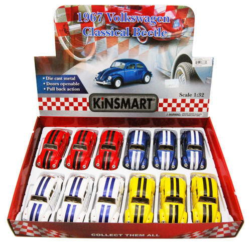 1967 Volkswagen Classic Beetle  Package - Box of 12 1/32 scale Diecast Model Cars, Assd Colors