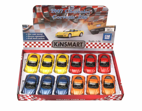 2007 Chevy Corvette Z06 Diecast Car Package - Box of 12 1/36 Diecast Model Cars, Assorted Colors