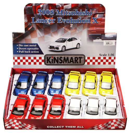 2008 Mitsubishi Lancer Evolution X Toy Car Package - Box of 12 1/36 Diecast Cars, Assorted Colors