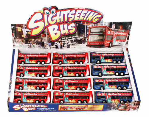 Box of 12 Diecast Model Cars - NYC Sightseeing Double Decker Bus Open Top, Blue, 6 Inch Scale