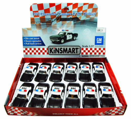 Box of 12 Diecast Model Toy Cars - 1967 Chevy Camaro Z/28 Police Car, 1/37 Scale