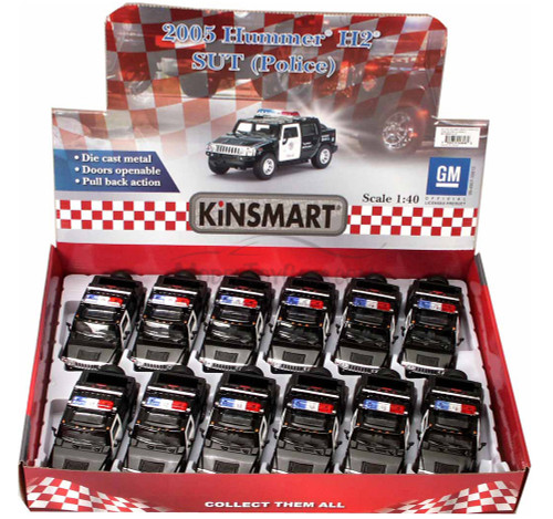 Box of 12 Diecast Model Toy Cars - 2005 Hummer H2 SUT Police Pickup Truck, 1/40 Scale