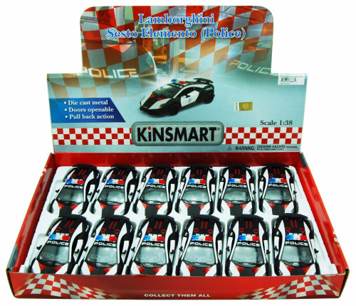 Box of 12 Diecast Model Toy Cars - Lamborghini Sesto Elemento Police Car, 1/38 scale