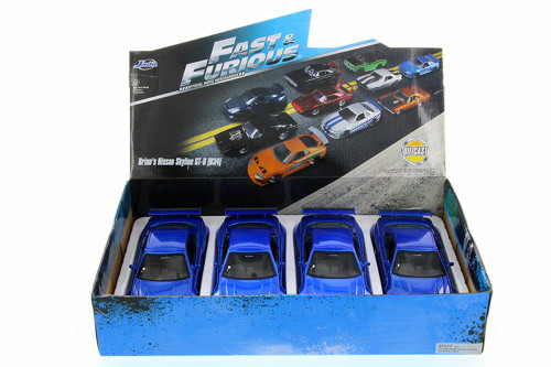 Box of 4 Diecast Model Cars - Fast & Furious Brian's Nissan Skyline GT-R, Candy Blue, 1/24 Scale