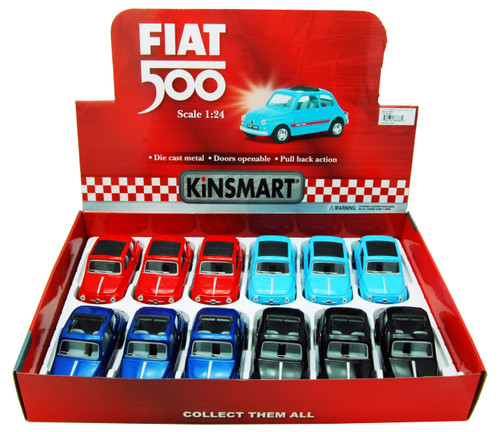 Fiat 500 w/ Sunrroof Diecast Car Package - Box of 12 1/24 Scale Diecast Model Cars, Assorted Colors