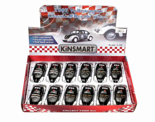Box of 12 Diecast Model Toy Cars - 1967 Volkswagen Classical Beetle Police Car, 1/32 Scale