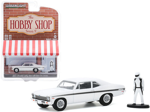 1972 Chevy Rally Nova with Race Car Drive, White - Greenlight 97090-C - 1/64 scale Diecast Model Toy Car