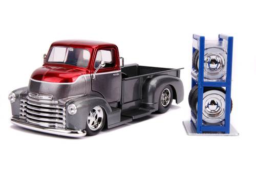 1952 Chevy COE Pickup Truck with Extra Wheels, Charcoal Gray and Candy Red - Jada Toys 31544 - 1/24 scale Diecast Model Toy Car