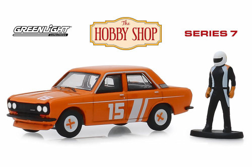 1970 Datsun 510 4-Door Sedan with Race Car Driver, Orange - Greenlight 97070D/48 - 1/64 Diecast Car