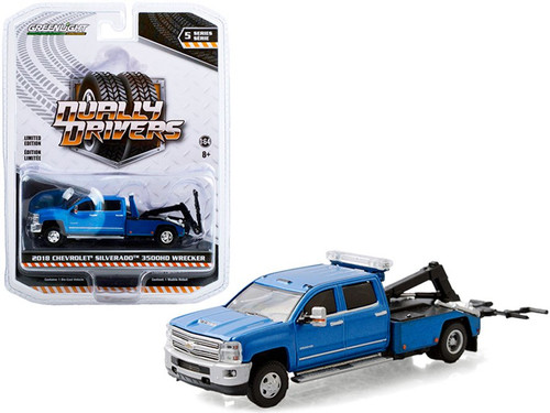 2018 Chevy Silverado 3500 Dually Wrecker Tow Truck, Blue - Greenlight 46050D/48 - 1/64 scale Diecast Model Toy Car