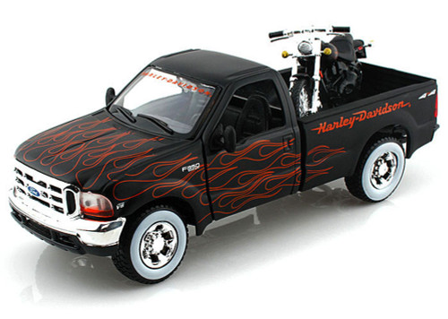 1999/2002 Ford F-350 Super Duty Pickup Harley-Davidson / FXSTB Night Train Motorcycle, Black w/ Flames - Maisto HD 32181 - 1/27 scale /1/24 Scale Diecast Model Toy Car & Motorcycle