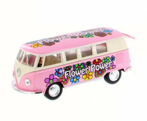1962 Volkswagen Classic Bus w/ Flower Decals, Pink - Kinsmart