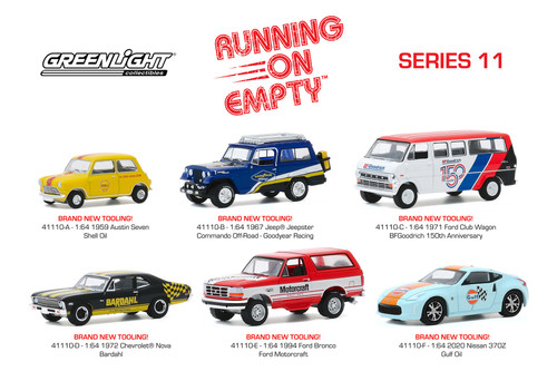 Greenlight Running on Empty Series 11 Diecast Car Set - Box of 6 assorted 1/64 Scale Diecast Model Cars