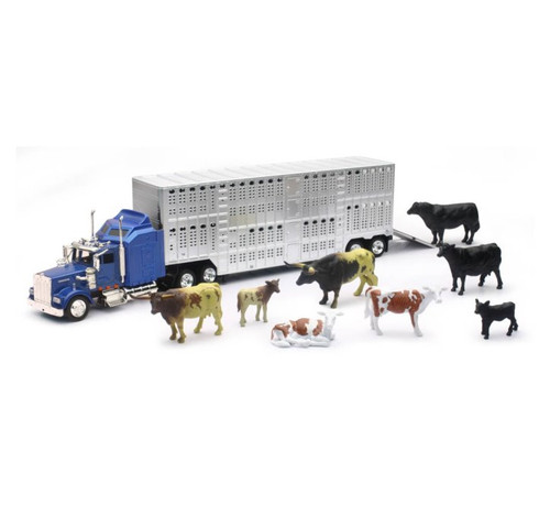Livestock Truck W/ Farm Animals Set, Blue - New Ray SS-15365D - 1/43 scale Model Toy Playset