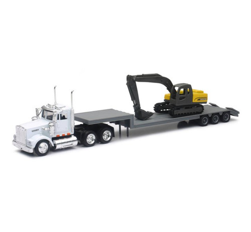 Kenworth W900 Lowboy W/ Backhoe, White - New Ray 15293A - 1/43 scale Model Replica