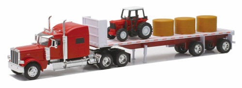 Peterbilt T389 Flatbed w/ Farm Tractor & Hay Bales, Red - New Ray 10293A - 1/32 Scale Model Tractor Trailer