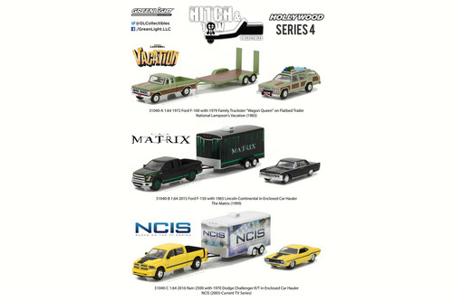 Greenlight - Hollywood Hitch & Tow Series 4 Diecast Car Package - Box of 6 assorted 1/64 Scale Diecast Model Cars - 3 types, 2 pieces each