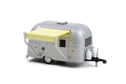 1961 Airstream Bambi Travel Trailer, Silver with Yellow and White Awning - Greenlight 34100/48 - 1/64 scale Diecast Model Toy Car