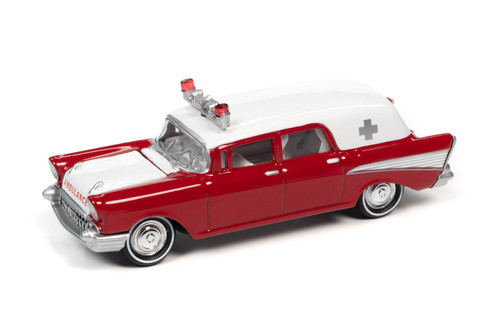 1957 Chevy Ambulance, Kosmos Red and White - Johnny Lightning JLSP130/24 - 1/64 scale Diecast Car