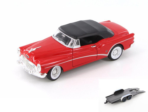 Diecast Car w/Trailer - 1953 Buick Skylark Closed Convertible, Red - Welly 24027H, 1/24 Diecast Car