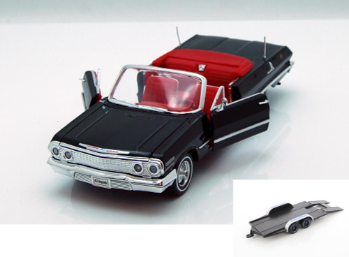 Diecast Car w/Trailer - 1963 Chevy Impala Convertible, Black - Welly 22434 - 1/24 scale Diecast Car