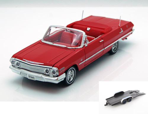 Diecast Car w/Trailer - 1963 Chevy Impala Convertible, Red - Welly 22434 - 1/24 scale Diecast Model Toy Car (Brand New, but NOT IN BOX)