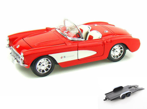 Diecast Car w/Trailer - 1957 Chevy Corvette Convertible, Red - Welly 29393 - 1/24 scale Diecast Car