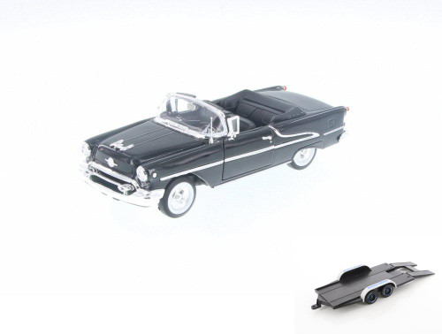 Diecast Car w/Trailer - 1955 Oldsmobile Super 88, Black - Welly 22432/4D - 1/24 Scale Diecast Model Toy Car