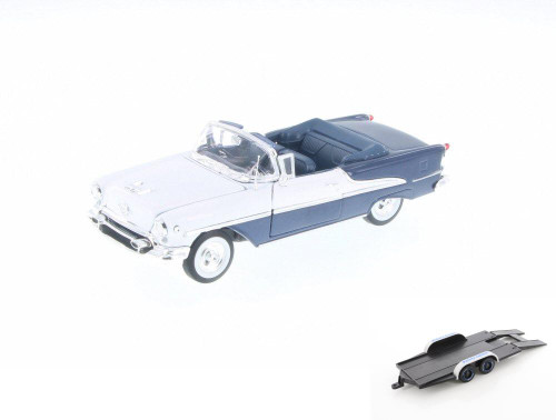 Diecast Car w/Trailer - 1955 Oldsmobile Super 88, Blue & White - Welly 22432/4D - 1/24 Scale Diecast Model Toy Car